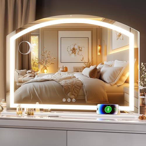 Hasipu 38" x26” Arch Vanity Mirror with LED Lights - Makeup Mirror with 10X Magnification, USB Charging Port & 3 Dimmable Color Modes - size: 38"L x 26"W