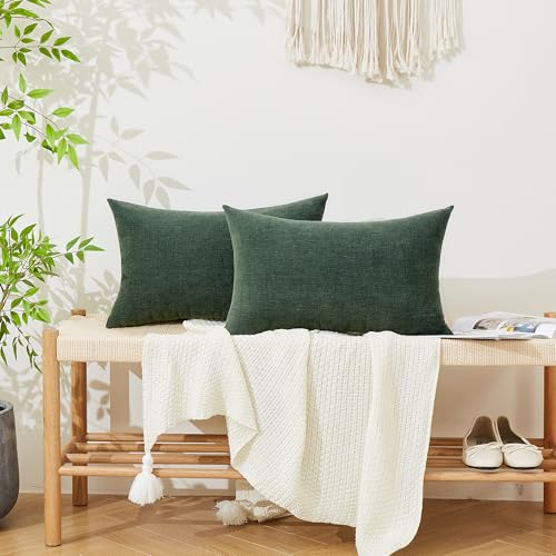 GAWAMAY Dark Green Chenille Throw Pillow Covers 12x20 Set of 2 for Couch - color: Dark Green, size: 20" x 12" (Pack of 2)