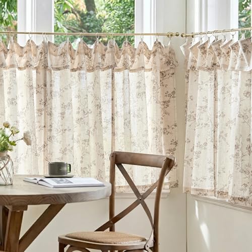 jinchan Taupe Floral Kitchen Tier Curtains with Valance, 24 Inch, 2 Panels - color: Alisa Taupe, size: 30"W x 24"L (Pack of 2)