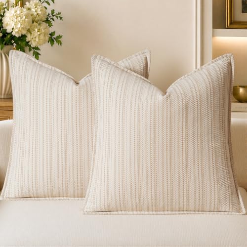 a moment Beige Designer Textured Throw Pillow Covers 20x20 Set of 2 Vertical Striped Chenille Cushion Covers Decorative Pillowcases for Couch Sofa Bed Living Room Boho Farmhouse Home Decor - color: Beige, size: 20" x 20" (Pack of 2)