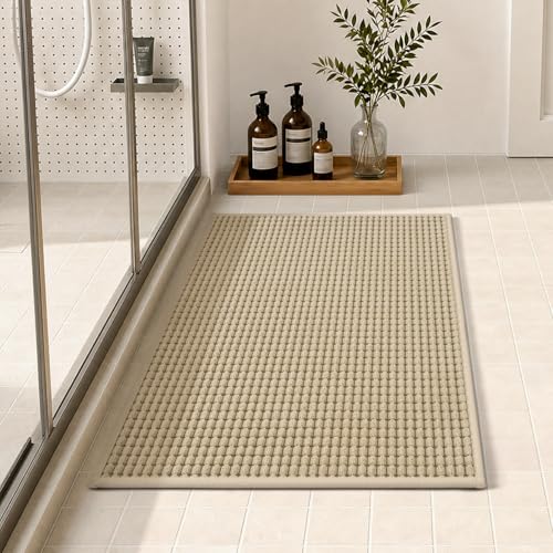 tchdio Bath Mat, Absorbent Bathroom Mat Quick Dry, Thin Bathroom Rugs Fit Under Door, Non Slip Washable Bath Rugs with Solid Rubber Backing, Low Profile Bath Mats for Bathroom, Beige, 24" x 36" - color: Beige, size: 3' x 2' (Rectangular)