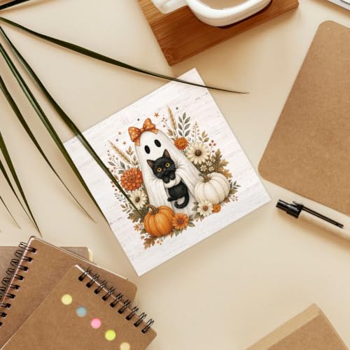Halloween Fall Ghost Black Cat Pumpkin Wood Box Sign Desk Decor 5X5 - color: Ghost