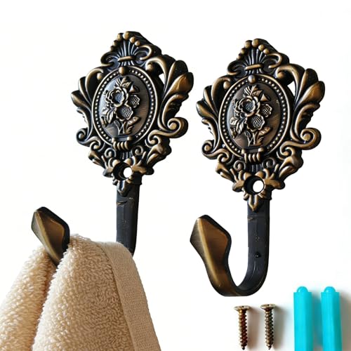 2Pcs Curtain Tiebacks Hook Vintage Bronze Rose Pattern Carved Wall Hooks - color: Bronze