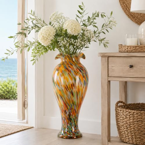 20" Tall Hand Blown Glass Vase – Pretty Ruffle Wide Mouth Decorative Flower Vase, for Modern Home Decor, Ideal Centerpiece for Living Rooms, Wedding & Home Decor - color: Orange, size: Large