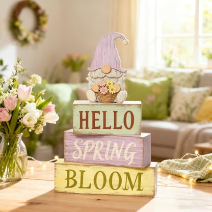 Spring Decoration Wooden Tiered Tray Decor – Rustic Hello Spring Bloom Gnome Stacked Block Sign with Flower Basket Topper – Farmhouse Tabletop Spring Decor for Living Room Shelf Kitchen Coffee Bar Seasonal Home Display - style: Gnome