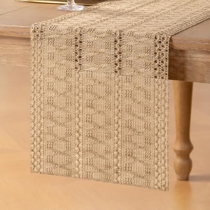 Boho Macrame Table Runner Jute Burlap Small Dresser Runner - color: Burlap Brown, size: 12" × 90"