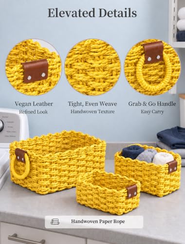 Small Wicker Baskets, 3 PCS Paper Rope Baskets for Shelves, Yellow - color: Yellow