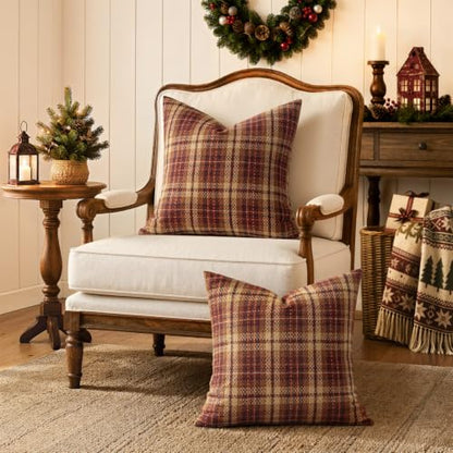 MIULEE Tartan Plaid Throw Pillow Covers Fall 18x18 Inch Reddish Brown - color: Reddish Brown, size: 18" x 18" (Pack of 2)