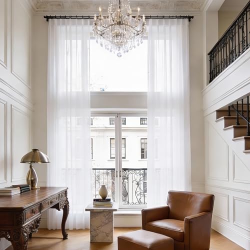 KangBang White Sheer Curtains 132 Inches Long Pinch Pleated 2 Panels - color: White, size: 42"W x 132"L (Pack of 2)