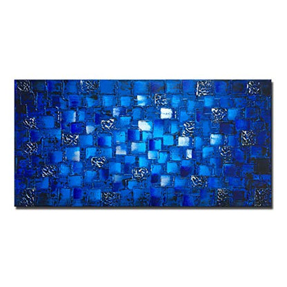 MyArton Large Thick Abstract Dark Blue add Silver Square Wall Art Hand Painted Artwork Textured Oil Painting on Canvas Framed Ready to Hang 60x30inch - color: Blue Add Silver, size: 60"L x 30"W