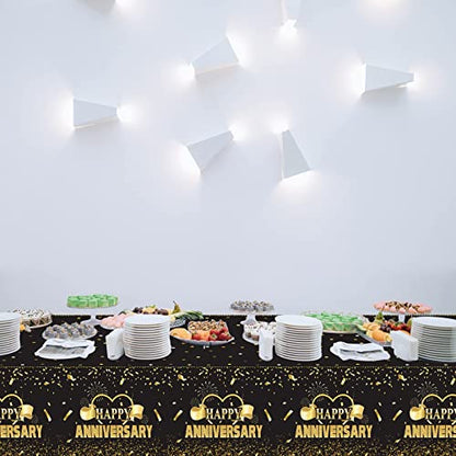 Tevxj 3 Pack Happy Anniversary Tablecloth Disposable Anniversary Party Decorations Black Gold Dot Confetti Table Covers Party Supplies for Rectangle Tables Favors for Guests 54 x 108 Inch - style: Happy Anniversary