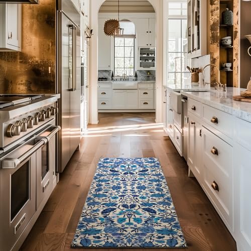 EverGrace Hallyway Area Runner Rugs 2x6, Boho Floral Faux Wool Indoor Outdoor Rugs, Washable Rugs for Bedroom Bathroom Living Room Kitchen, Low Pile Floor Mat Carpet for Home Decor, Celtic Blue - color: Celtic Blue Multi, size: 2'x6'