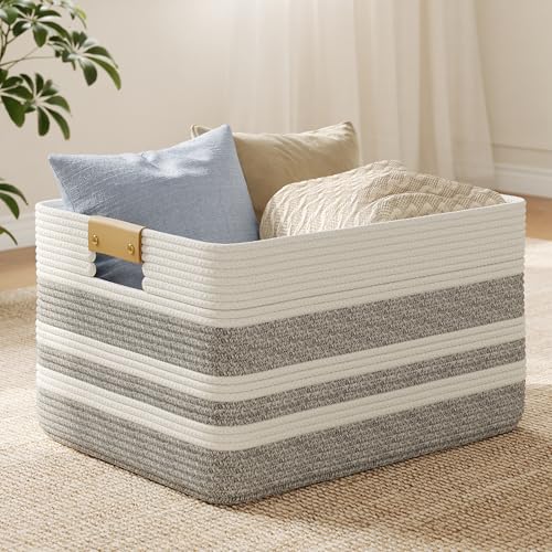 Nunsino 75L Blanket Basket with Leather Handles,Laundry Basket,Gray White - color: Grey White, size: 75L