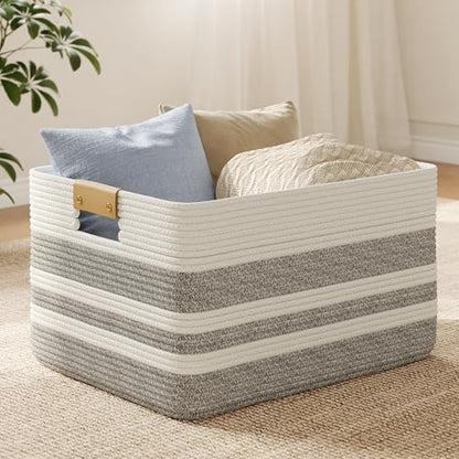 Nunsino 75L Blanket Basket with Leather Handles,Laundry Basket,Gray White - color: Grey White, size: 75L