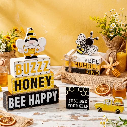 11 Pcs Bee Table Decorations Bee Tiered Tray Decorations Set Gnome Stack Signs Honey Farmhouse Rustic Wooden Table Centerpieces for Home Party - style: Bee