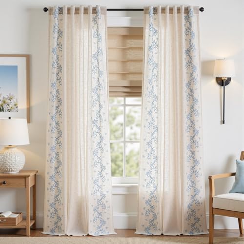 jinchan Floral Linen Curtains, Back Tab 50x96 Inch, 2 Panels Blue - color: Vine | Sky Blue, size: 50"W x 96"L (Pack of 2)