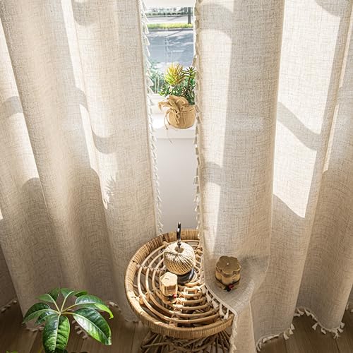 Sutuo Home Boho Curtains 63 Inches Long, Bohemian Linen Style Textured Curtains with Tassels for Living Room, Semi Blackout Farmhouse Drapes, Rod Pocket Window Treatments 2 Panels, 52" x 63", Natural - color: Natural Linen, size: 52"W x 63"L (Pack of 2)