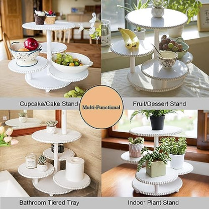 GENMOUS 4 Tiered Beaded Cake and Cupcake Stand Combo for Birthday Party Decor, Rustic Wooden Cupcake Tower Stands for 50 Cupcakes, White Cupcake Tier Stand Display for Wedding Baby Shower Tea Party