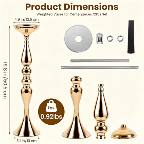 12 Pcs Gold Wedding Centerpieces for Table Decor, Tall Wedding Flower Vases Bulk, Metal Arrangements Center Pieces, Elegant Floral Stands Set for Bridal Party Reception Decorations Anniversary