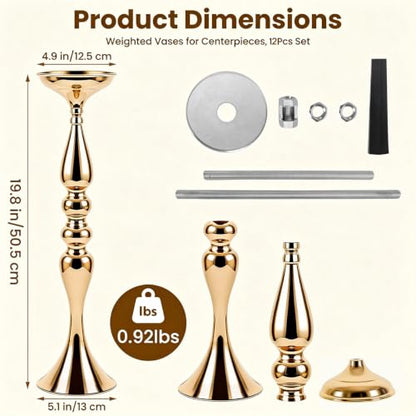 12 Pcs Gold Wedding Centerpieces for Table Decor, Tall Wedding Flower Vases Bulk, Metal Arrangements Center Pieces, Elegant Floral Stands Set for Bridal Party Reception Decorations Anniversary