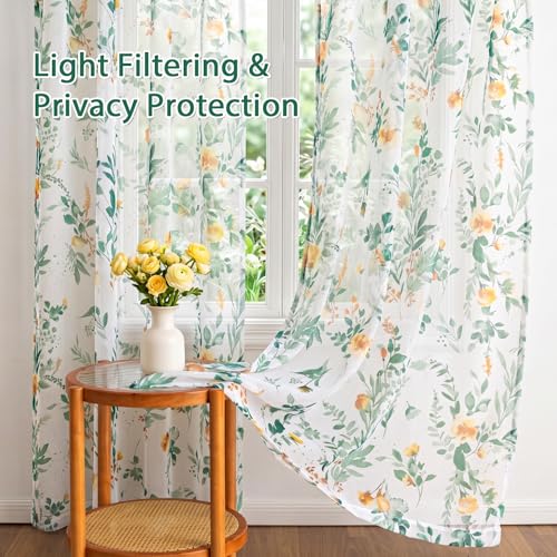 MYSKY HOME Green Floral Sheer Cafe Curtains 36 Inches Long - color: Green, size: 52"W x 36"L (Pack of 2)