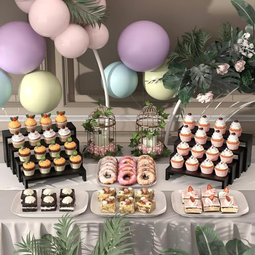 2 Set Black Wooden Tiered Riser Display Stands for Vendor Events,Stackable Wood Cupcake Stand,Farmhouse Decor Wood Dessert Table Display Set,Vendor Booth Display Items,Food Display Risers for Party - color: Black, size: 2 PACK