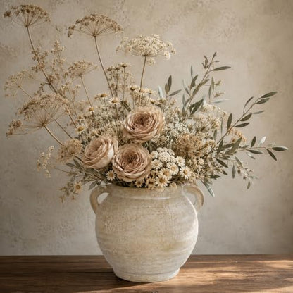 Briful Rustic Farmhouse Vase with Handles, 7.4" Ceramic Vases for Tabletop - color: Cream White#754
