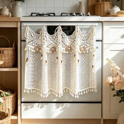 Boho Crochet Lace Sheer Curtain Valance for Window Kitchen Doorway Entryway - size: 43"W x 20"L (Pack of 1)