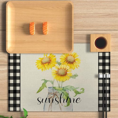 Buffalo Plaid Sunshine Sunflower Placemats, Resistant Place Mats Kitchen Decor Dining Decoration for Party, Sunflower Kitchen Decor Placemats Set of 4（ Sunshine ） -03 - style: Sunflower 3