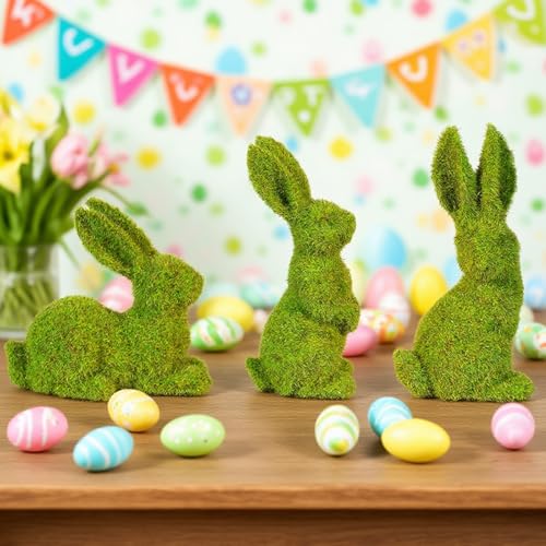 Easter Bunny Decorations,Resin Moss Bunny Figurine Features Larger Ears,Garden Artificial Moss Rabbit Easter Décor Easter Party Favors Gifts - size: Small big ears 3PCS