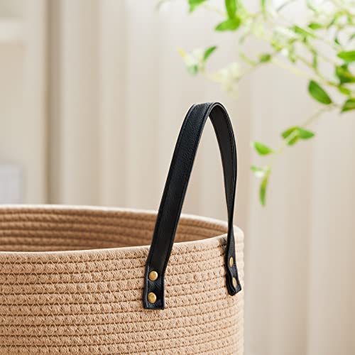VIPOSCO 72L Tall Woven Rope Laundry Hamper, Leather Handles, Brown & Black - color: Brown & Black, size: 72L
