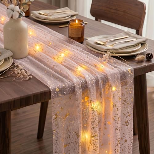 Artscope Lighted Pink Gold Gauze Table Runner,Glitter and Foil Table Decor for Weddings Anniversary Birthday and Holiday Party Decorations – 28" x 120" - color: Pink Gold