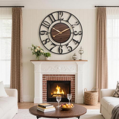 30 Inch Black Arabic Numeral Large Wall Clock with Walnut Dial - color: Brown, size: 30 Inch
