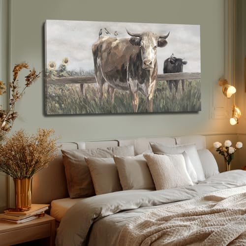 Visual Art Decor Cow Decor black and brow Canvas Print Animal Artwork for livingroom,bedroom,office 40x20 inches - color: Taupe, size: 40"L x 20"W