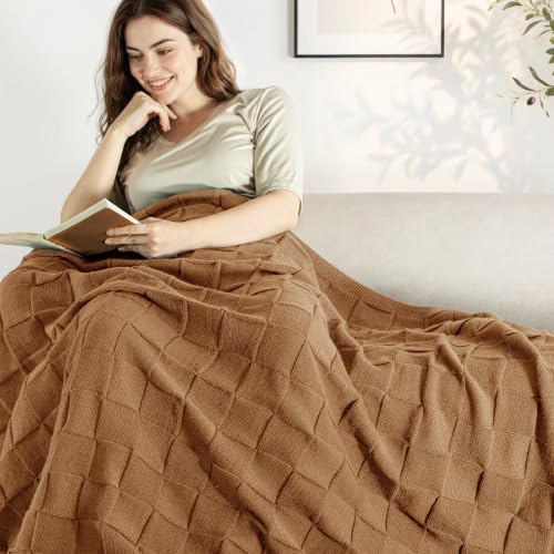 Whale Flotilla Checkered Knit Throw Blanket for Couch, Brown - color: Brown, size: 60x80 Inch