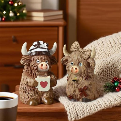 2 Pack Resin Highland Cow Figurine Gifts, Coffee Theme Decor - style: Coffee