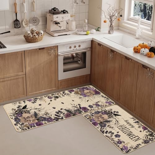 Baccessor Halloween Skull Kitchen Rugs Set of 2, 17x29 and 17x47 Inch - color: Purple Floral