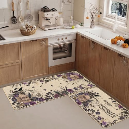 Baccessor Halloween Skull Kitchen Rugs Set of 2, 17x29 and 17x47 Inch - color: Purple Floral