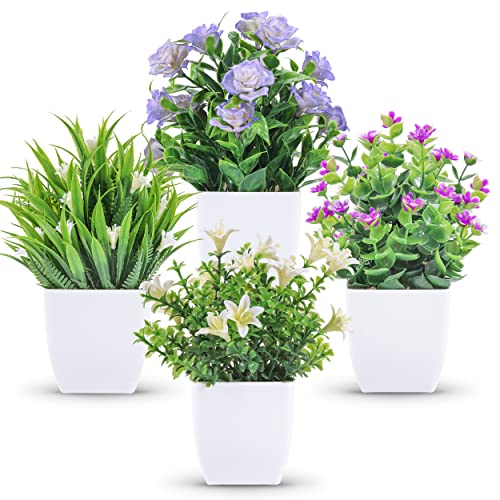 Der Rose 4 Pack Small Fake Plants with Flowers, Spring Home Bathroom Decor - color: White