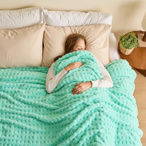 NEWCOSPLAY 3D Waffle Checkered Flannel King Blanket, Aqua, 90"x110" - color: Aqua, size: King(90"x110")