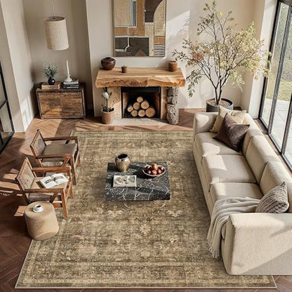 8x10 Washable Living Room Area Rug Non-Slip Retro Brown Large Carpet - color: Accent | Brown, size: 8' x 10' (Rectangular)