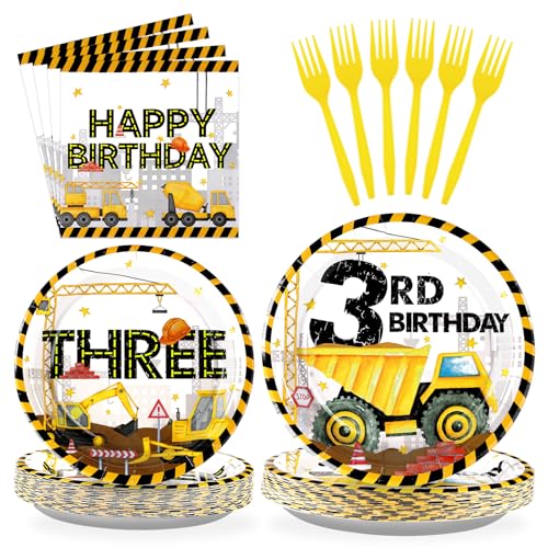 96 Pcs Construction 3rd Birthday Dump Truck Party Supplies, Serves 24 - style: White Construction 3rd Kit
