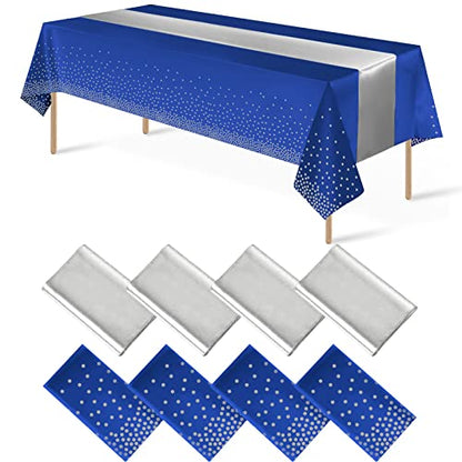 8Pack Disposable Plastic Tablecloths and Satin Table Runner Set Blue and Silver Dot Tablecloth Silver Satin Table Runner for Wedding Birthday Baby Shower Anniversary Christmas New Year Party Supplies - color: Blue and Silver, size: 8 Pack