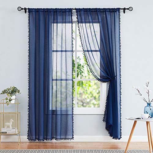Pom Pom Blue Sheer Curtains for Bedroom 52x63" Kids Room Window Drapes Navy - color: Classic Blue, size: 52"W x 63"L (Pack of 2)