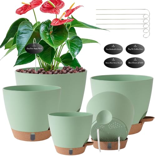 Self Watering Pots for Inoor Ourdoor Plants 8/7/6.5/6/5" Plastic Planters - color: Green, size: 8/7/6.5/6/5 Inch