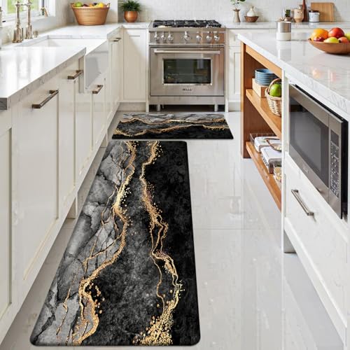 Kitchen Mats Set of 2, Cushioned Anti Fatigue Non Slip Waterproof Runner, Black Marble and Golden Veins Design, PVC Memory Foam for Kitchen Sink and Laundry - color: Black Marble 1