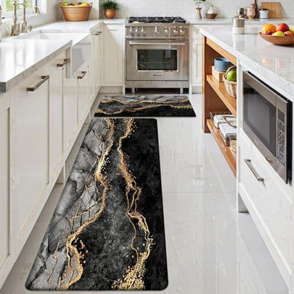 Kitchen Mats Set of 2, Cushioned Anti Fatigue Non Slip Waterproof Runner, Black Marble and Golden Veins Design, PVC Memory Foam for Kitchen Sink and Laundry - color: Black Marble 1