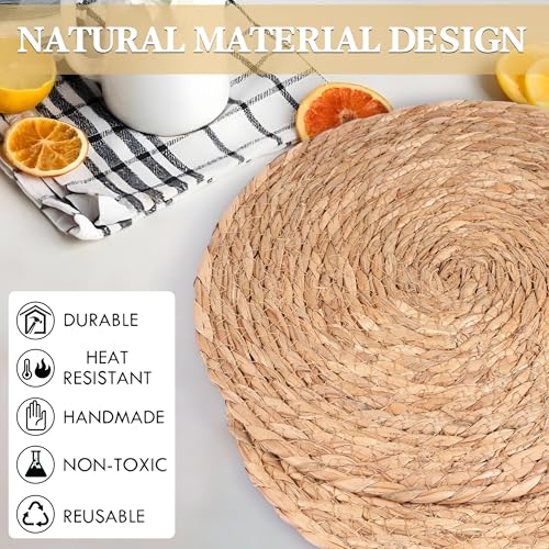 Round Woven Placemats Set of 12，12 Inch Natural Rattan Placemats Hand-Woven Water Hyacinth Placemat Farmhouse Rustic Braided Boho Wicker Table Mats for Christmas Dining Table Wedding Home (12 Inch) - size: 12