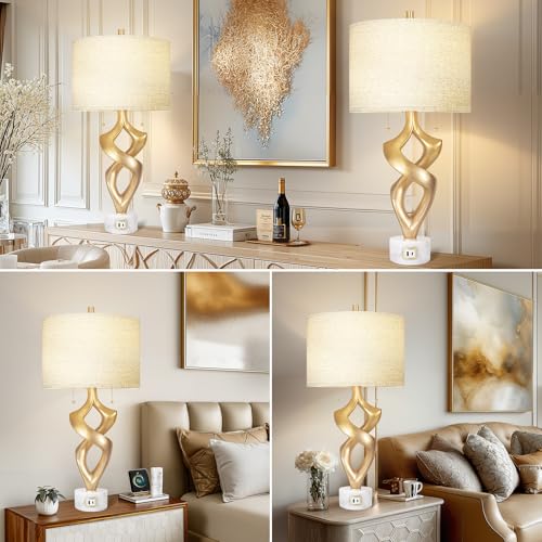 Scenekoy 31” Tall Sculptural Table Lamp Set of 2 with USB Ports for Bedroom - size: 31 inches Gold Leaf -028-SL