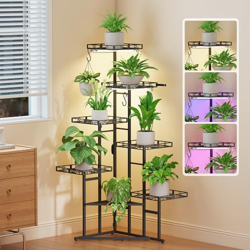 Quikraen Plant Stand Indoor with Grow Lights, 46" Tall Lighted Corner Plant Shelf for Indoor Growing, 7-Tier Multiple Metal Large Flower Holder, Plant Rack for Home Decor, Patio (Black) - color: Black, size: 7-Tier with grow light